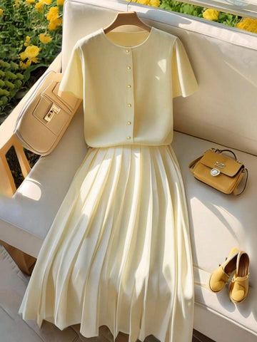 Women Elegant Cardigan Short Sleeve Outfit Set