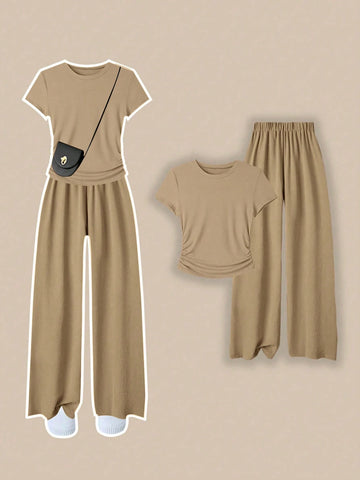 Franclia Women Casual 2 Pieces Set With Round Neck Short Sleeve T-Shirt And Pants