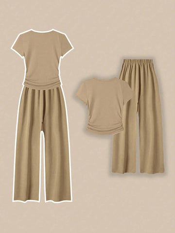 Franclia Women Casual 2 Pieces Set With Round Neck Short Sleeve T-Shirt And Pants