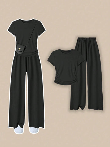 Franclia Women Casual 2 Pieces Set With Round Neck Short Sleeve T-Shirt And Pants