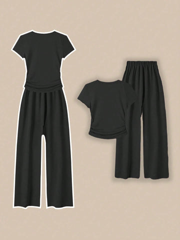 Franclia Women Casual 2 Pieces Set With Round Neck Short Sleeve T-Shirt And Pants