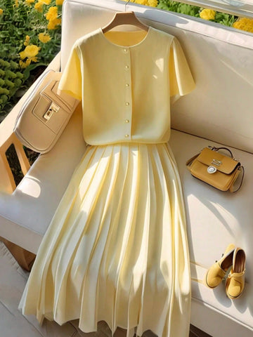 Women Elegant Cardigan Short Sleeve Outfit Set