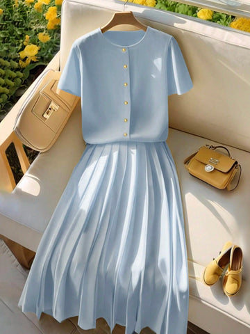 Women Elegant Cardigan Short Sleeve Outfit Set