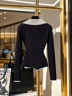 Waist Tightening Button Long Sleeve Striped Collar T-Shirt shein