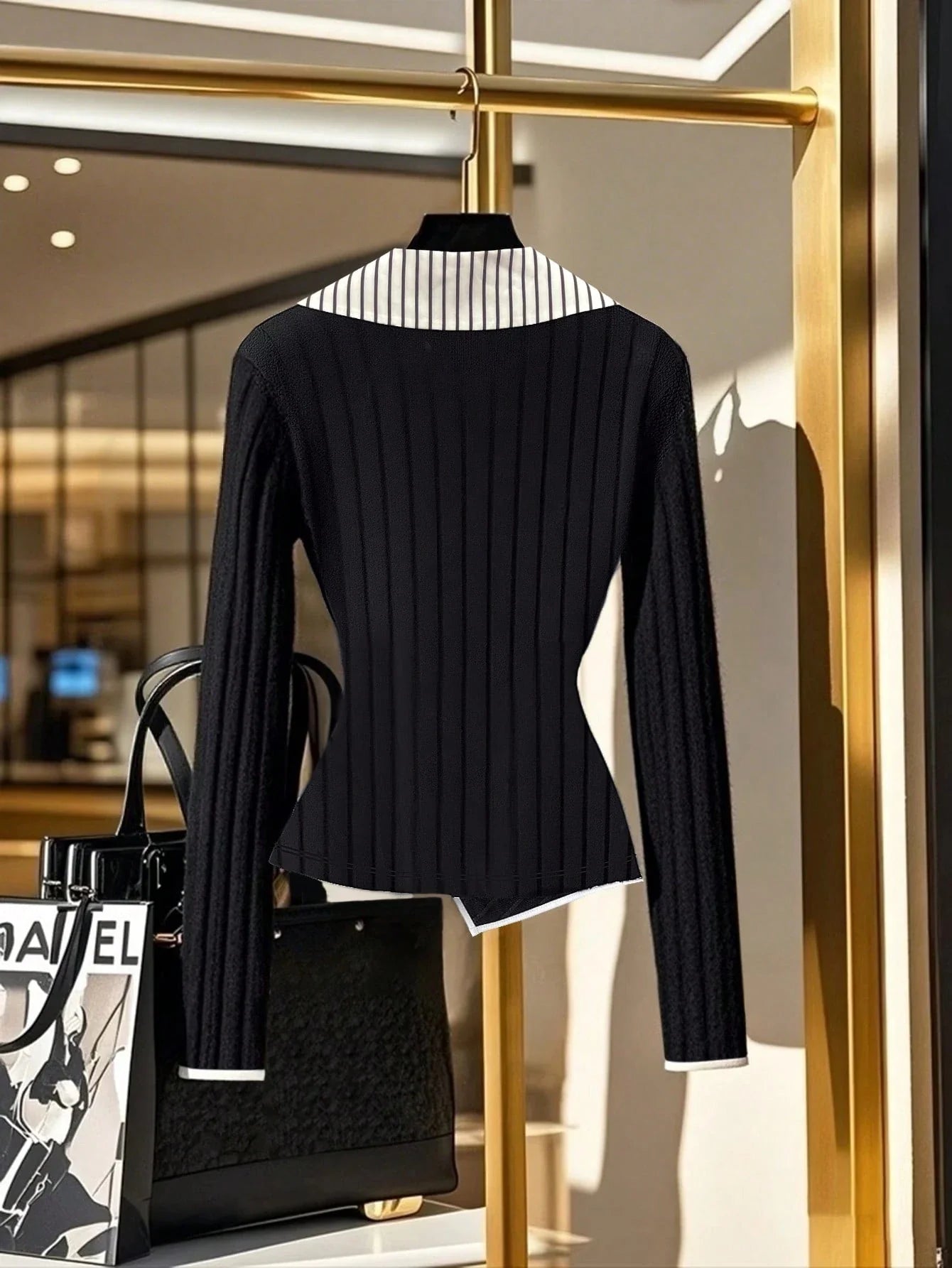 Waist Tightening Button Long Sleeve Striped Collar T-Shirt shein