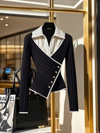 Waist Tightening Button Long Sleeve Striped Collar T-Shirt shein