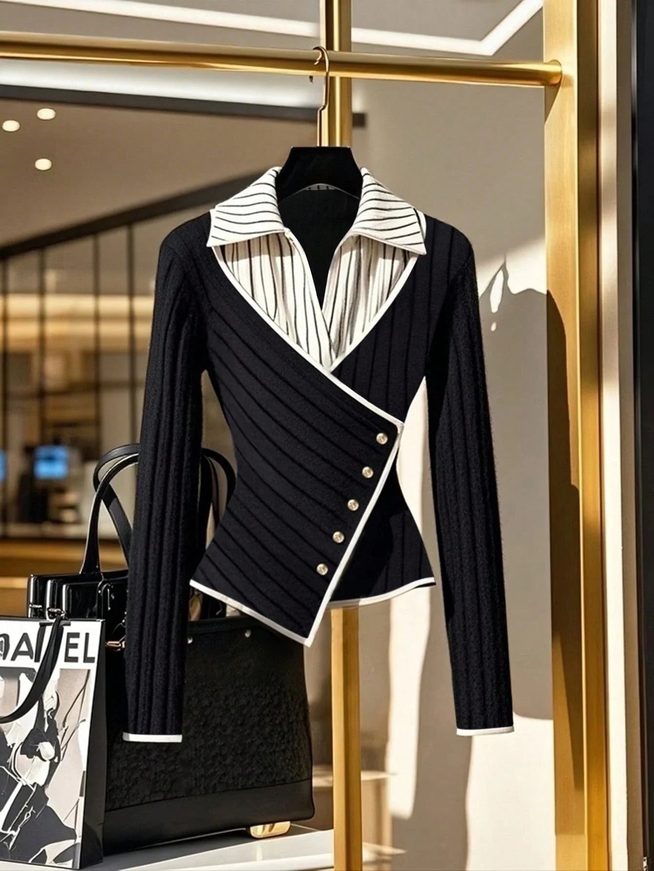 Waist Tightening Button Long Sleeve Striped Collar T-Shirt shein