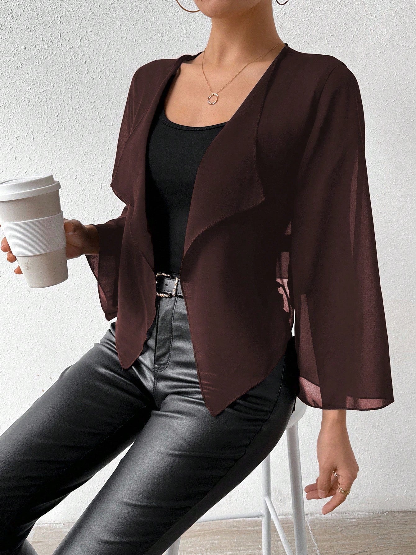 Chiquease Solid Color Bell Sleeve Jacket