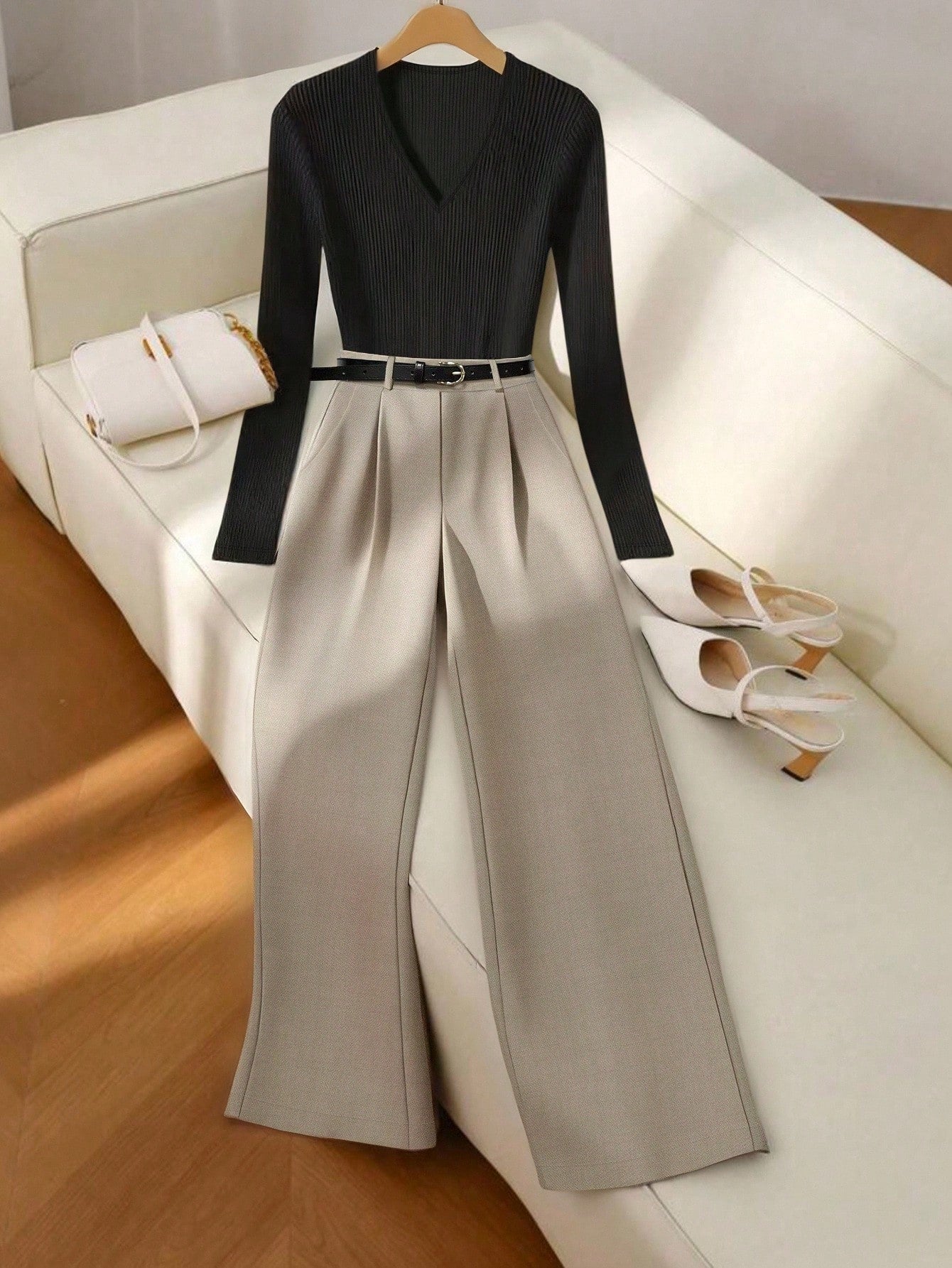 Elegant Fitted V-Neck Long Sleeve T-Shirt With Metal Belt And Straight Leg Pants