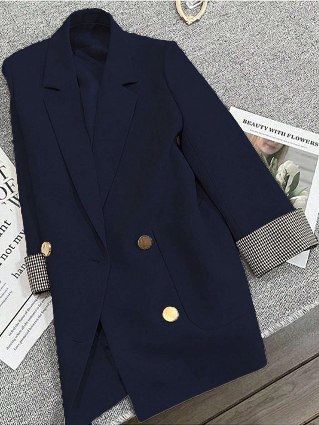 French Patchwork Plaid Cuff Slightly Fitted Business Casual Summer Blazer