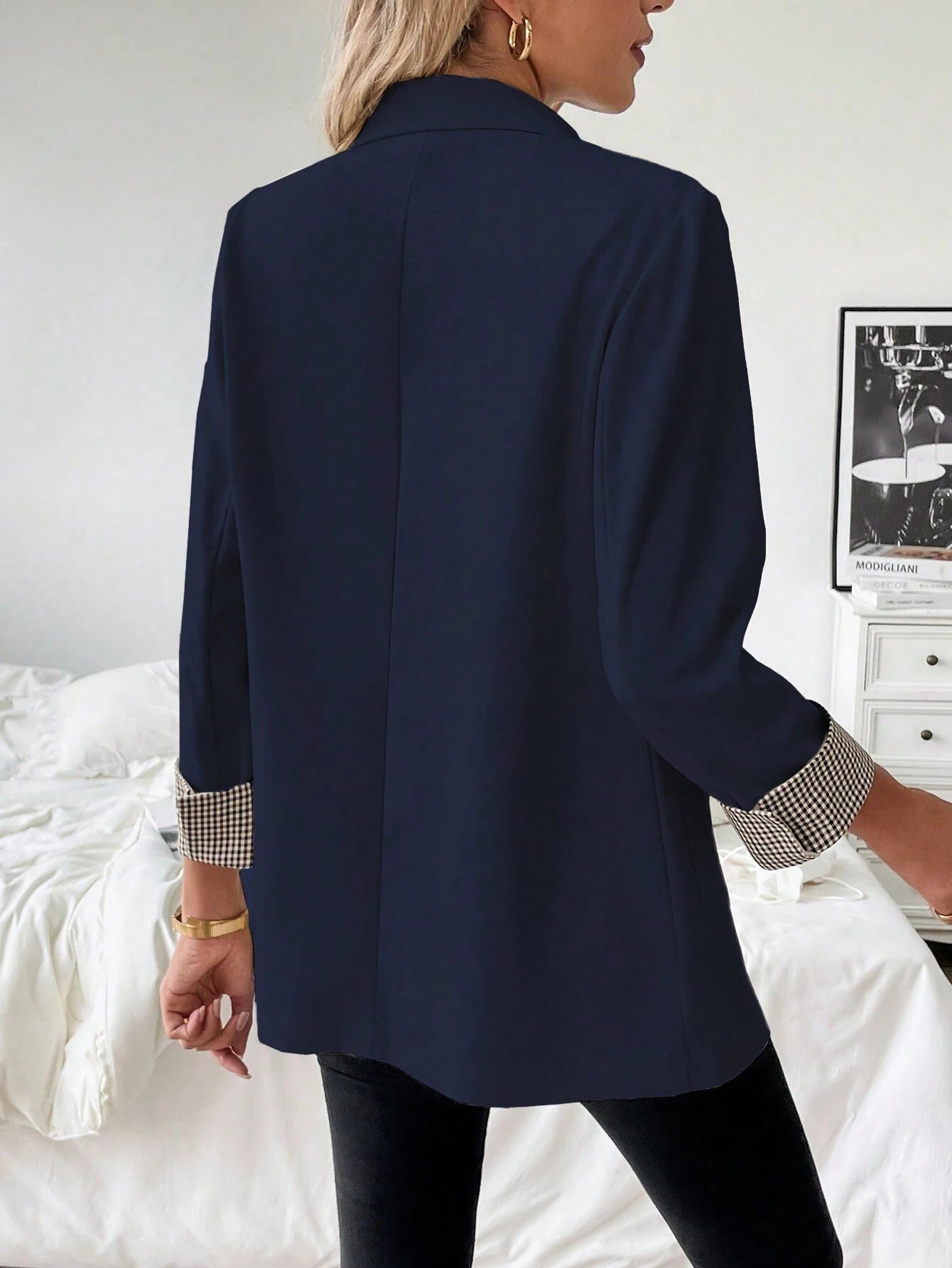 French Patchwork Plaid Cuff Slightly Fitted Business Casual Summer Blazer