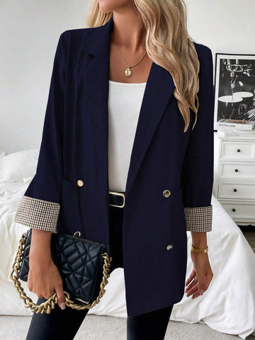 French Patchwork Plaid Cuff Slightly Fitted Business Casual Summer Blazer