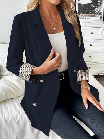 French Patchwork Plaid Cuff Slightly Fitted Business Casual Summer Blazer