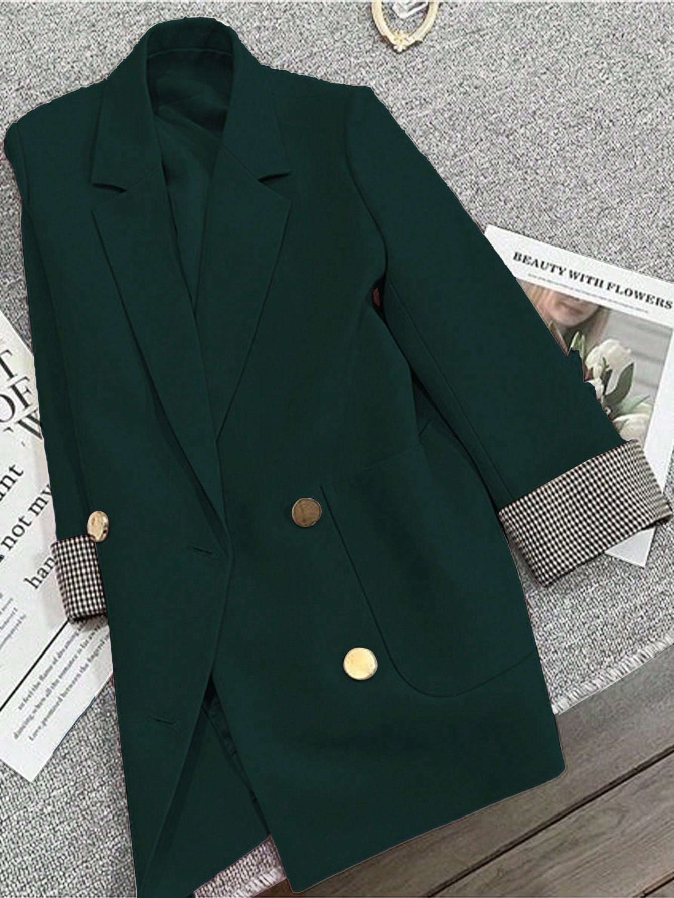 French Patchwork Plaid Cuff Slightly Fitted Business Casual Summer Blazer