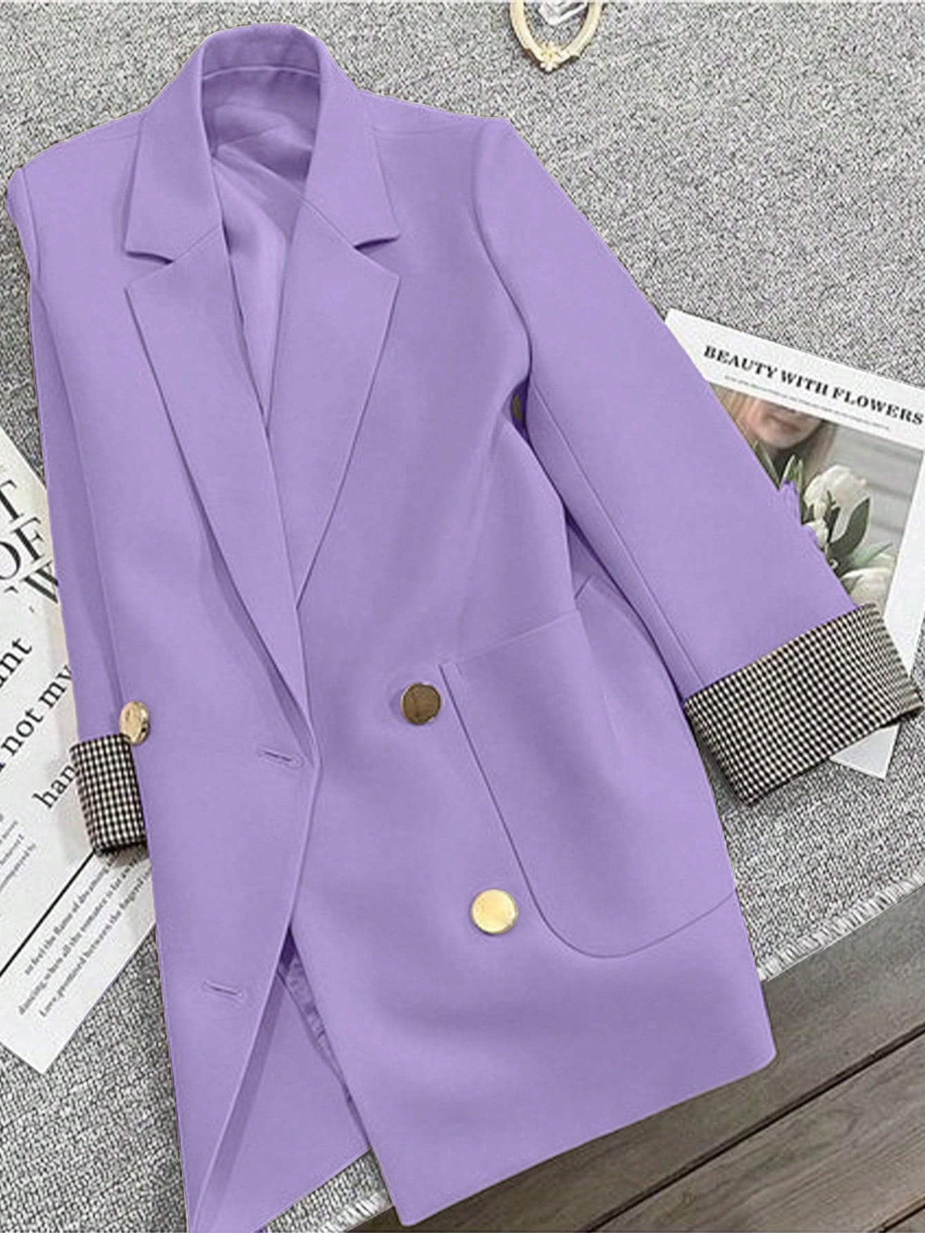 French Patchwork Plaid Cuff Slightly Fitted Business Casual Summer Blazer