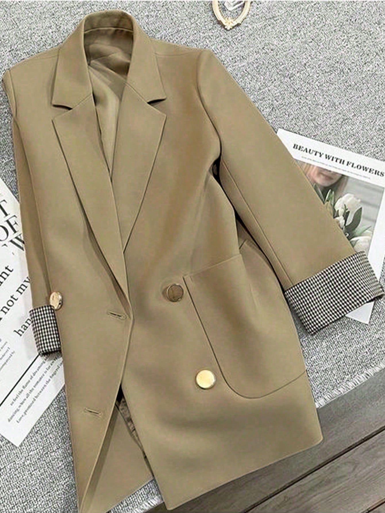 French Patchwork Plaid Cuff Slightly Fitted Business Casual Summer Blazer