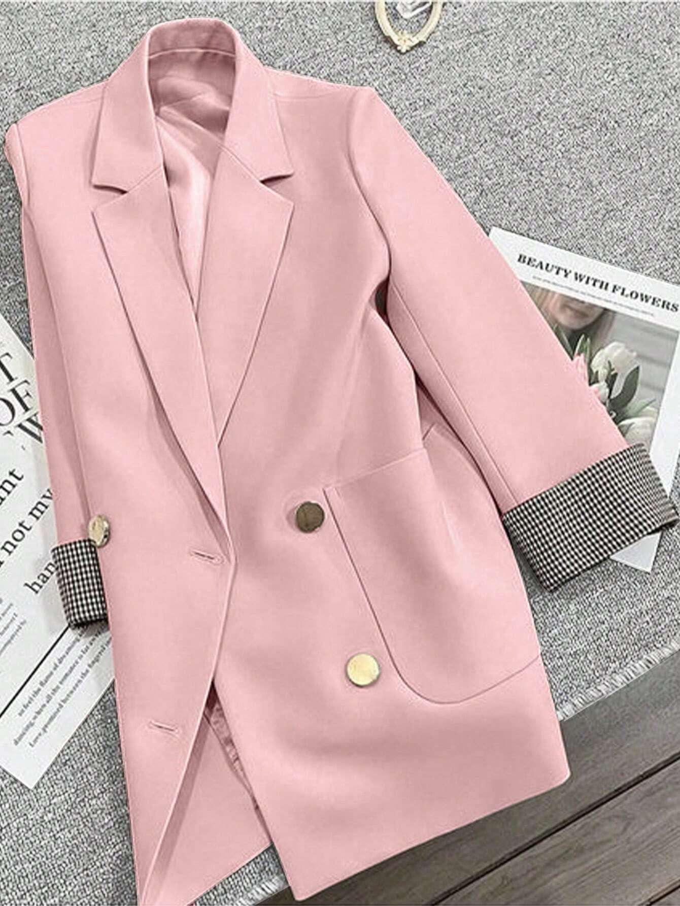 French Patchwork Plaid Cuff Slightly Fitted Business Casual Summer Blazer