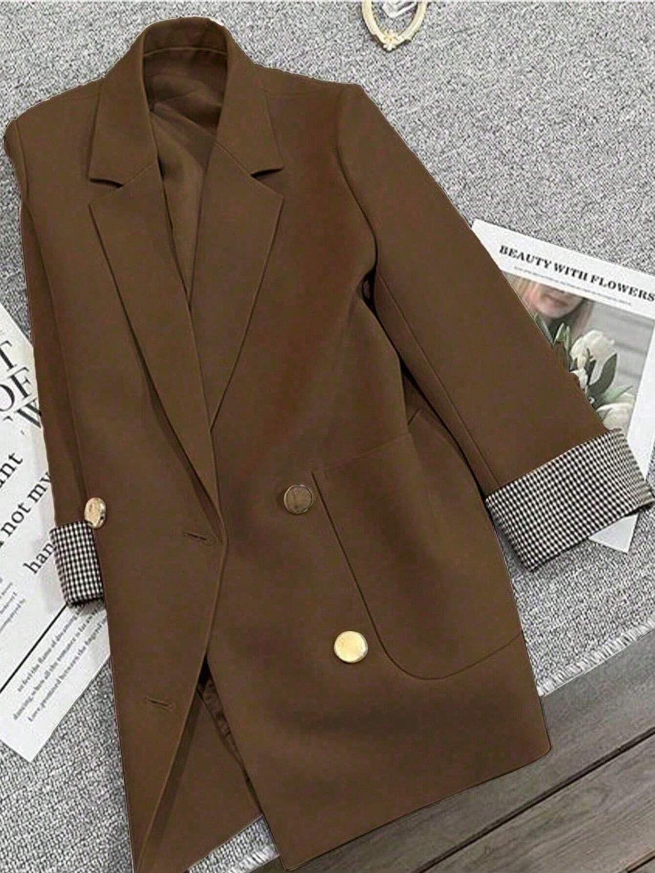 French Patchwork Plaid Cuff Slightly Fitted Business Casual Summer Blazer