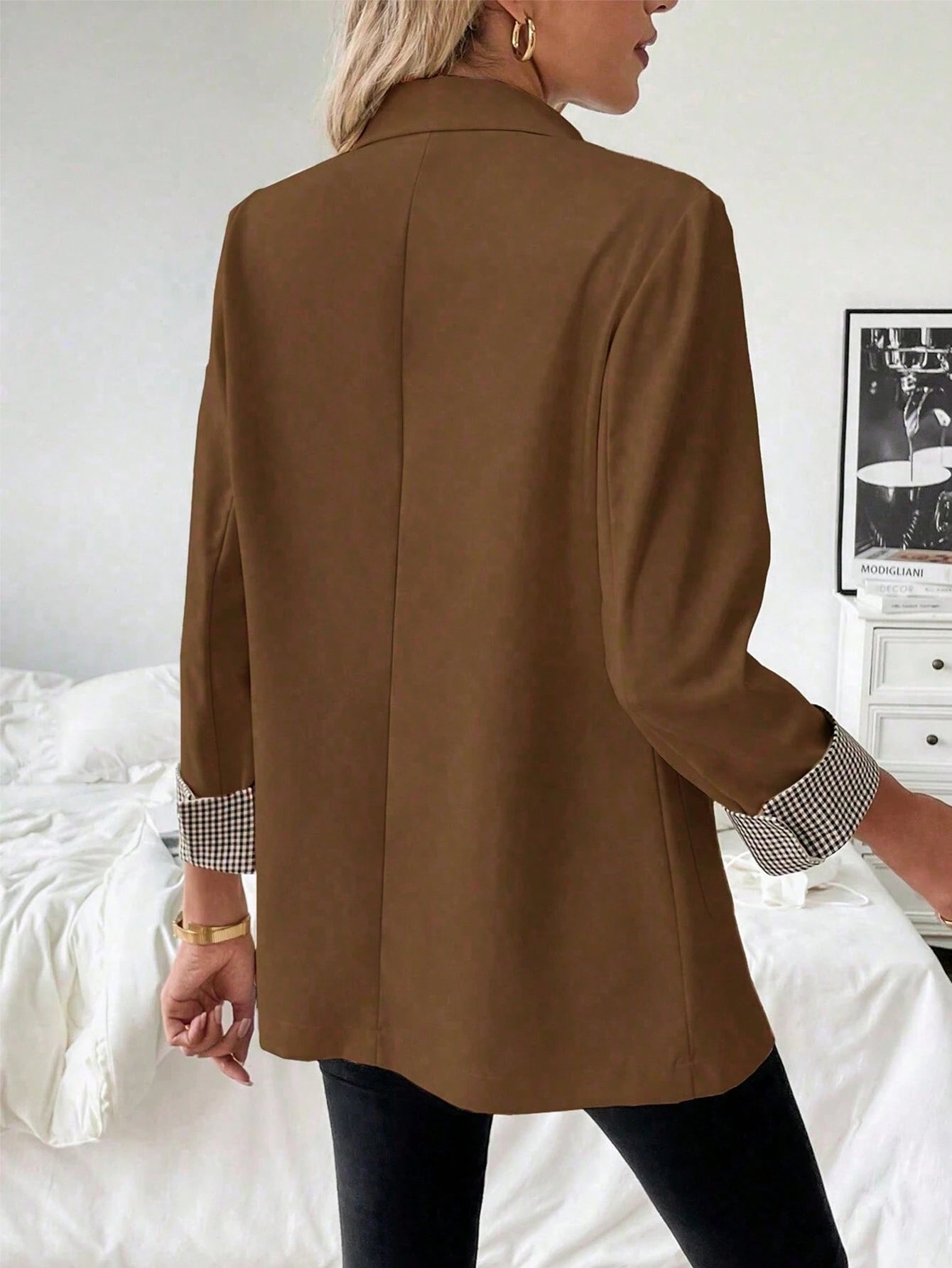 French Patchwork Plaid Cuff Slightly Fitted Business Casual Summer Blazer