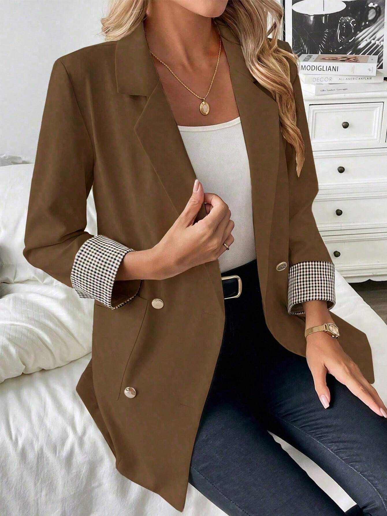 French Patchwork Plaid Cuff Slightly Fitted Business Casual Summer Blazer