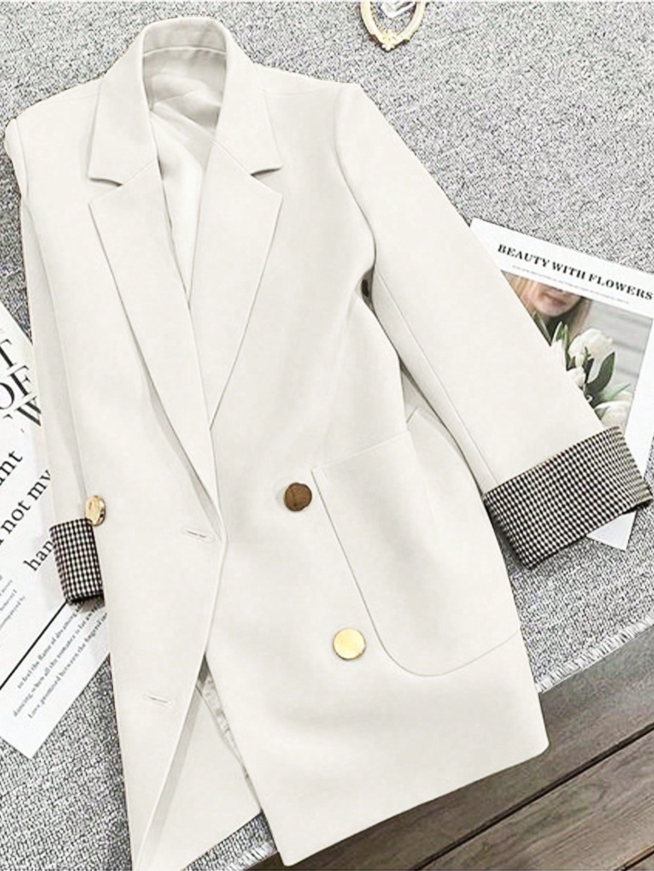 French Patchwork Plaid Cuff Slightly Fitted Business Casual Summer Blazer