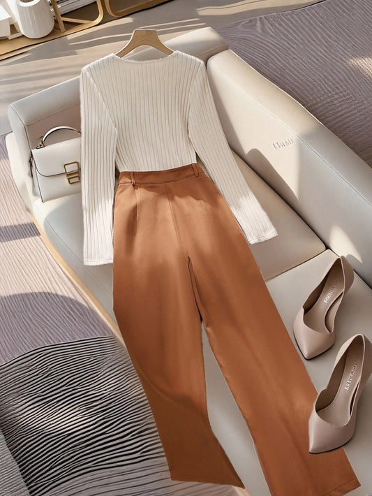 Brushed Round Neck Knitted Slim Long-Sleeved Inner Bottoming Shirt With Brown Suit Wide-Leg Trousers