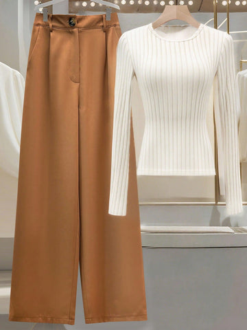 Brushed Round Neck Knitted Slim Long-Sleeved Inner Bottoming Shirt With Brown Suit Wide-Leg Trousers