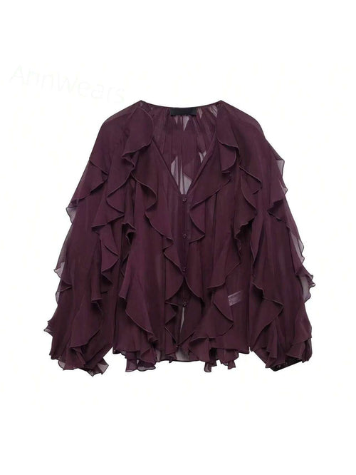Franclia Ruffle Trim Lantern Sleeve Blouse Women Shirt,Long Sleeve Tops shein