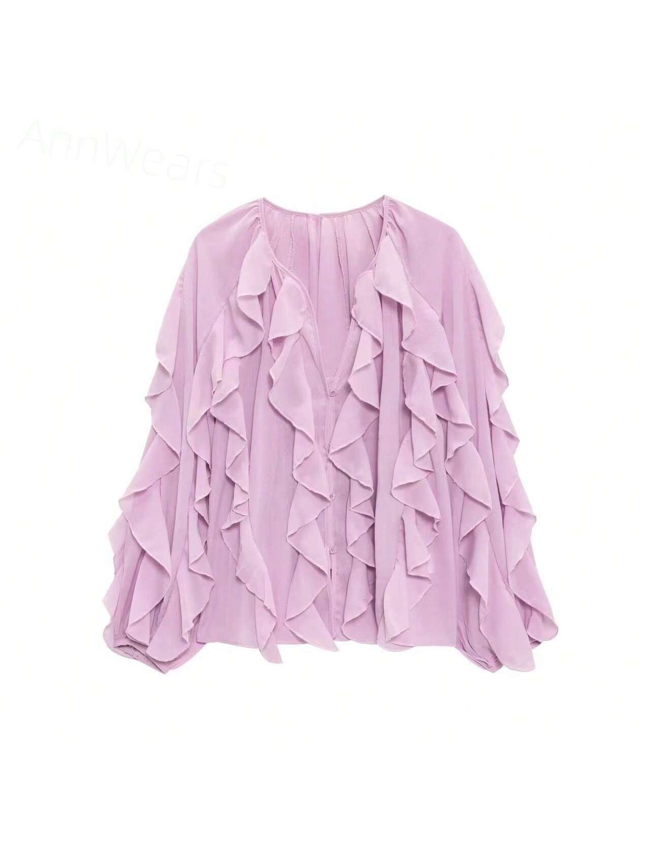 Franclia Ruffle Trim Lantern Sleeve Blouse Women Shirt,Long Sleeve Tops shein