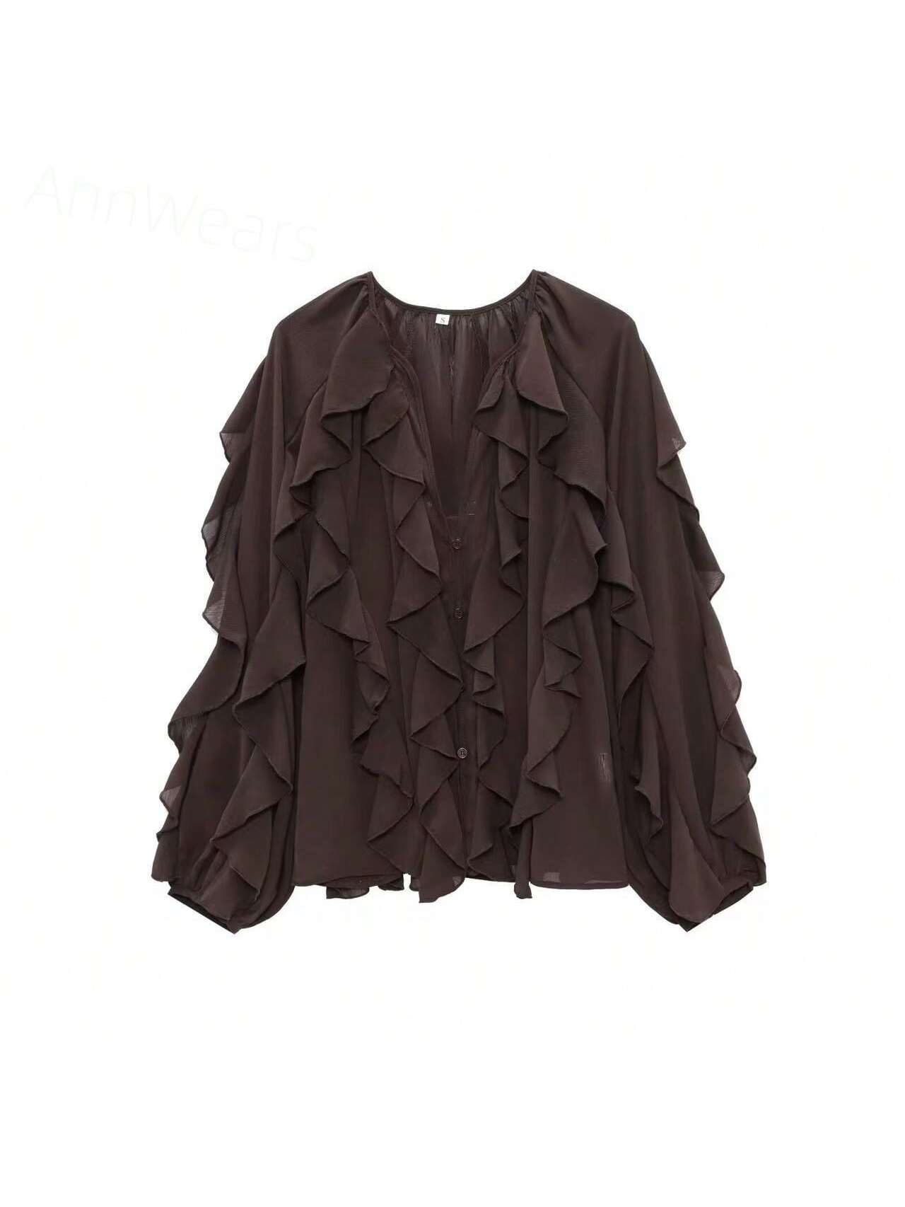 Franclia Ruffle Trim Lantern Sleeve Blouse Women Shirt,Long Sleeve Tops shein