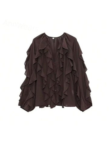 Franclia Ruffle Trim Lantern Sleeve Blouse Women Shirt,Long Sleeve Tops