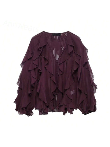 Franclia Ruffle Trim Lantern Sleeve Blouse Women Shirt,Long Sleeve Tops