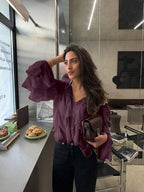 Franclia Ruffle Trim Lantern Sleeve Blouse Women Shirt,Long Sleeve Tops shein