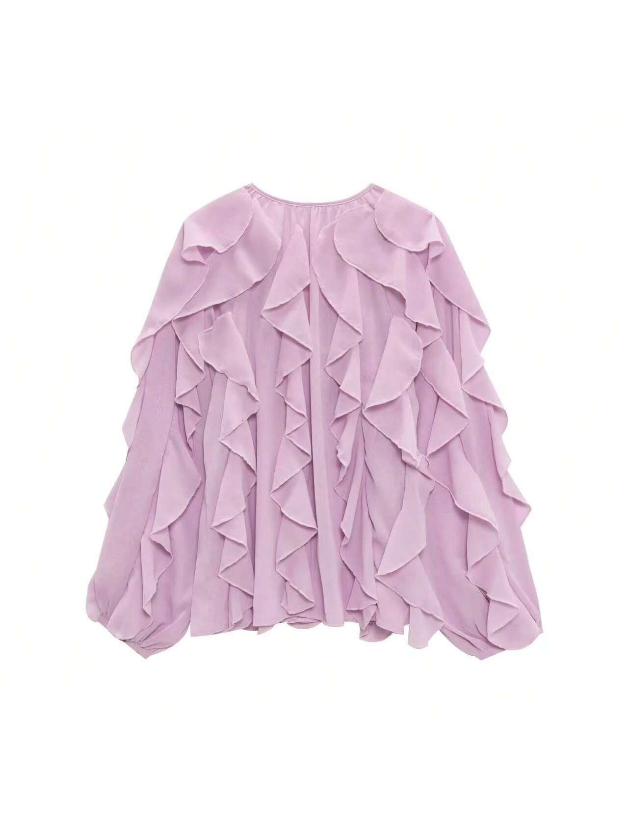 Franclia Ruffle Trim Lantern Sleeve Blouse Women Shirt,Long Sleeve Tops shein