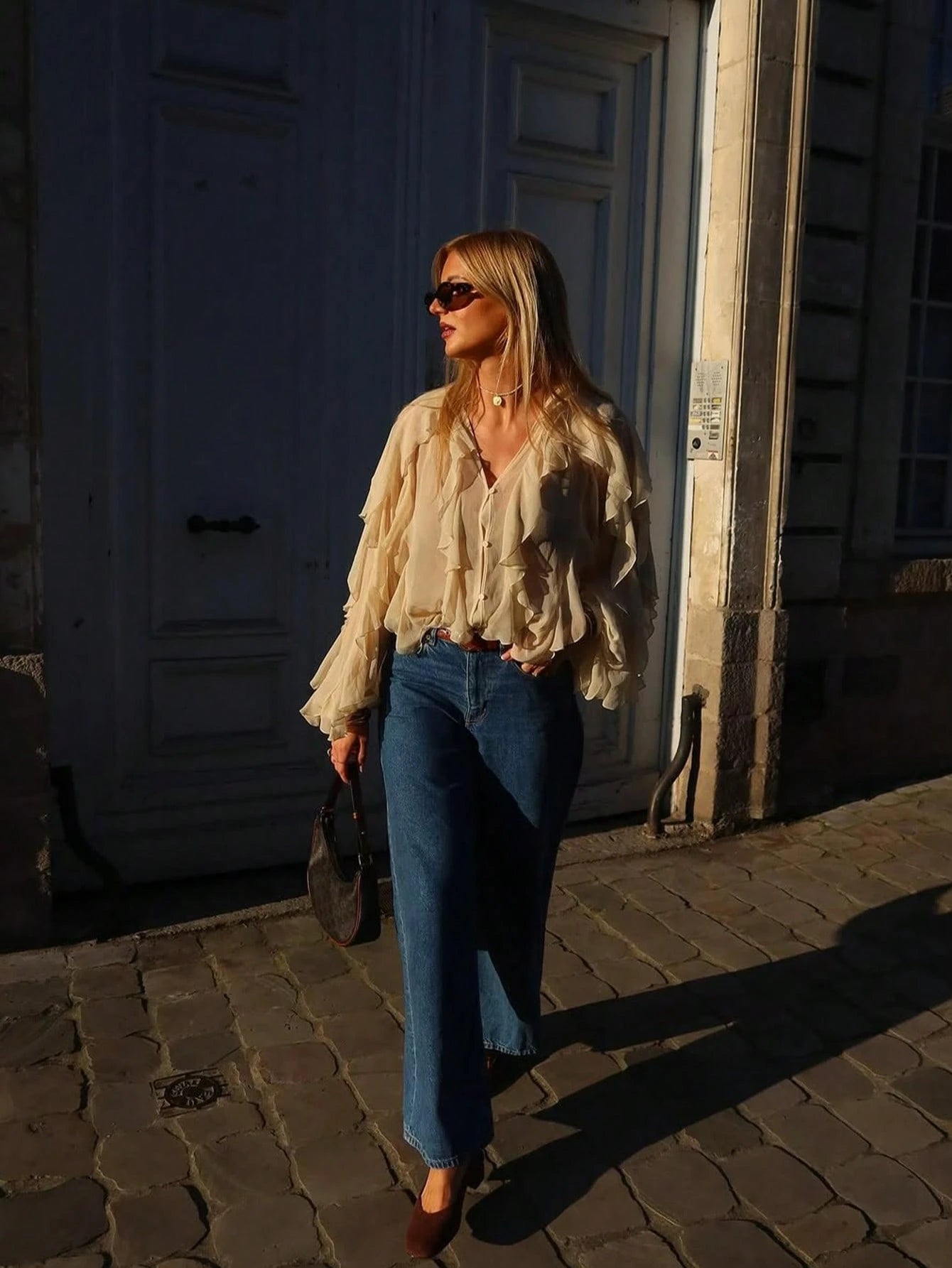 Franclia Ruffle Trim Lantern Sleeve Blouse Women Shirt,Long Sleeve Tops shein