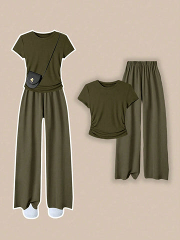Franclia Women Casual 2 Pieces Set With Round Neck Short Sleeve T-Shirt And Pants
