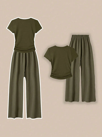 Franclia Women Casual 2 Pieces Set With Round Neck Short Sleeve T-Shirt And Pants