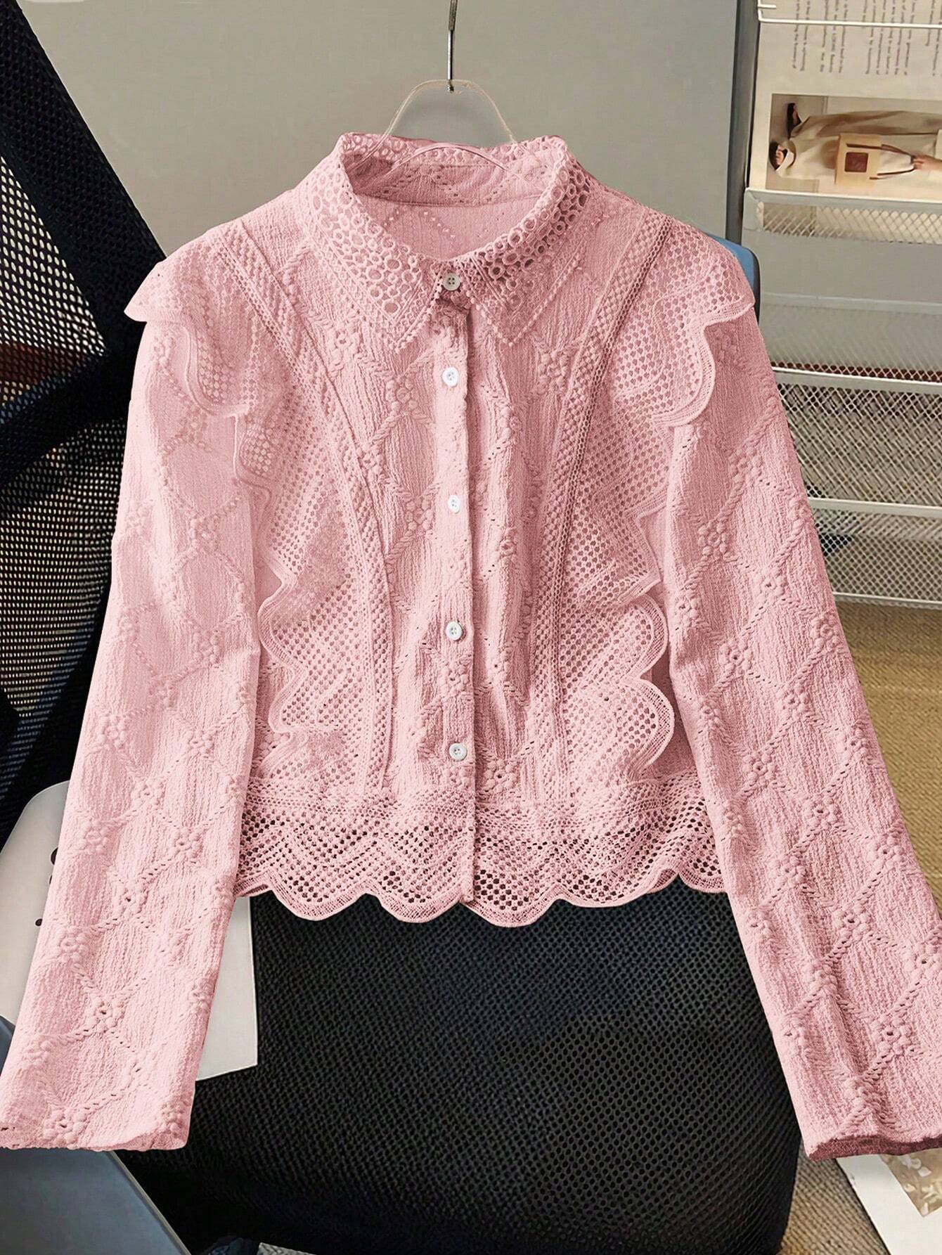 Women's Lace Trim French Collar Button Front Long Sleeve Blouse shein