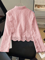 Women's Lace Trim French Collar Button Front Long Sleeve Blouse shein