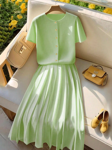 Women Elegant Cardigan Short Sleeve Outfit Set