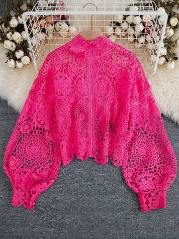 Women's Autumn Floral Lace Hollow Zipper Front Long Sleeve Blouse
