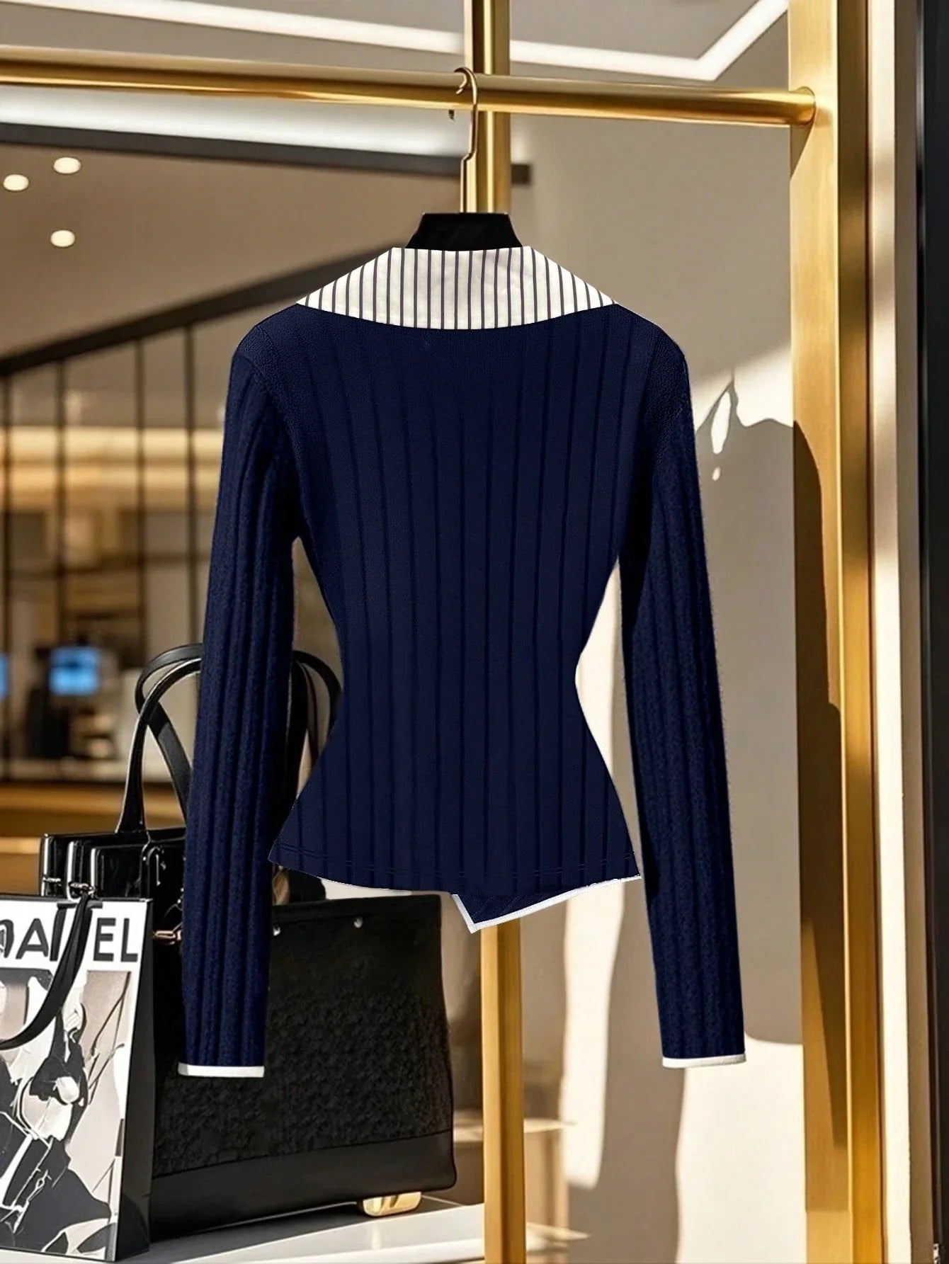 Waist Tightening Button Long Sleeve Striped Collar T-Shirt shein