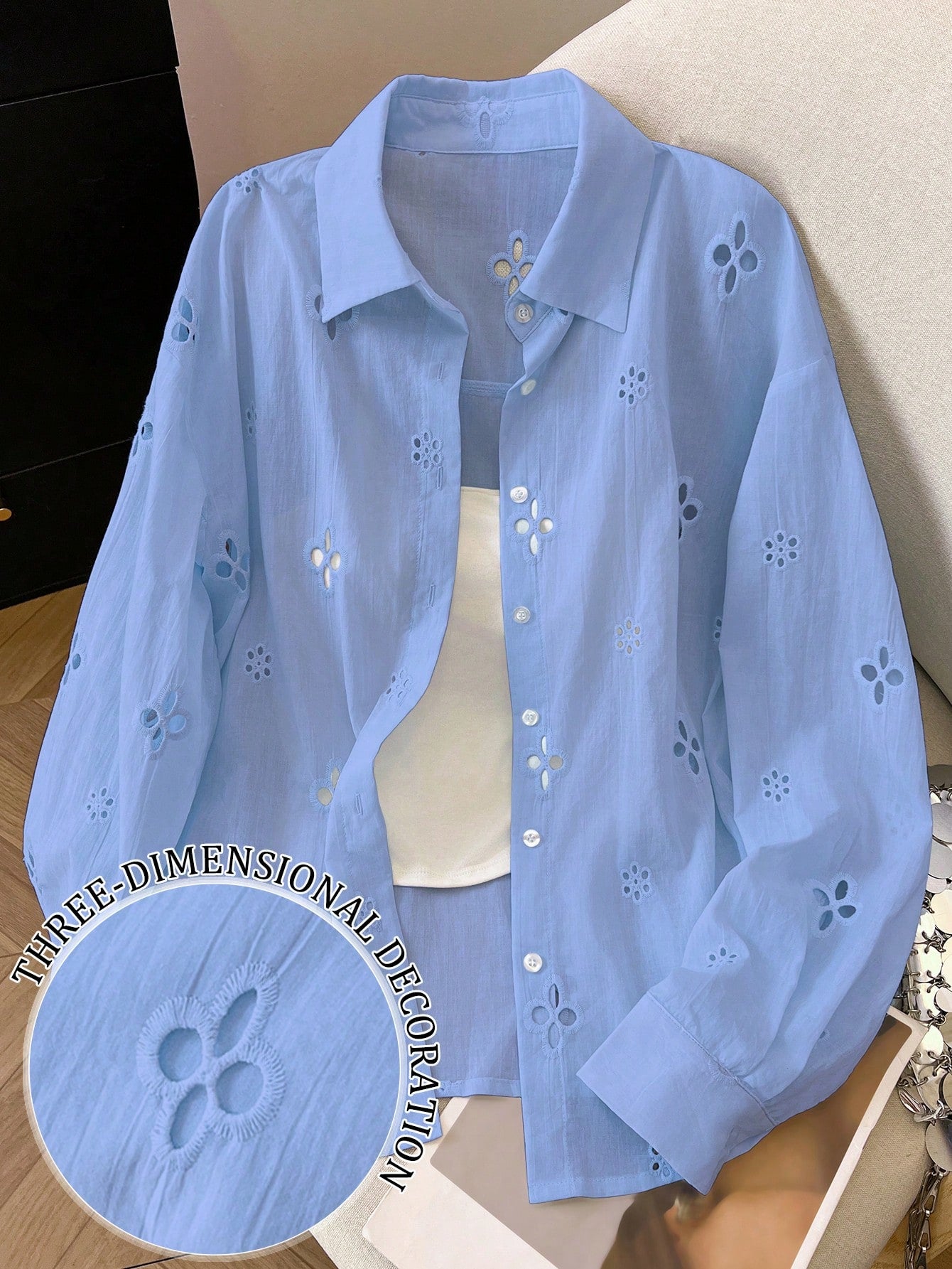 Women's Solid Color Minimalist Casual Hollow Long Sleeve Shirt shein