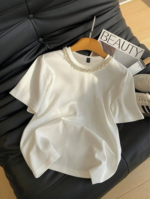 Women's Casual Studded And Chain Decor Round Neck Short Sleeve T-Shirt shein