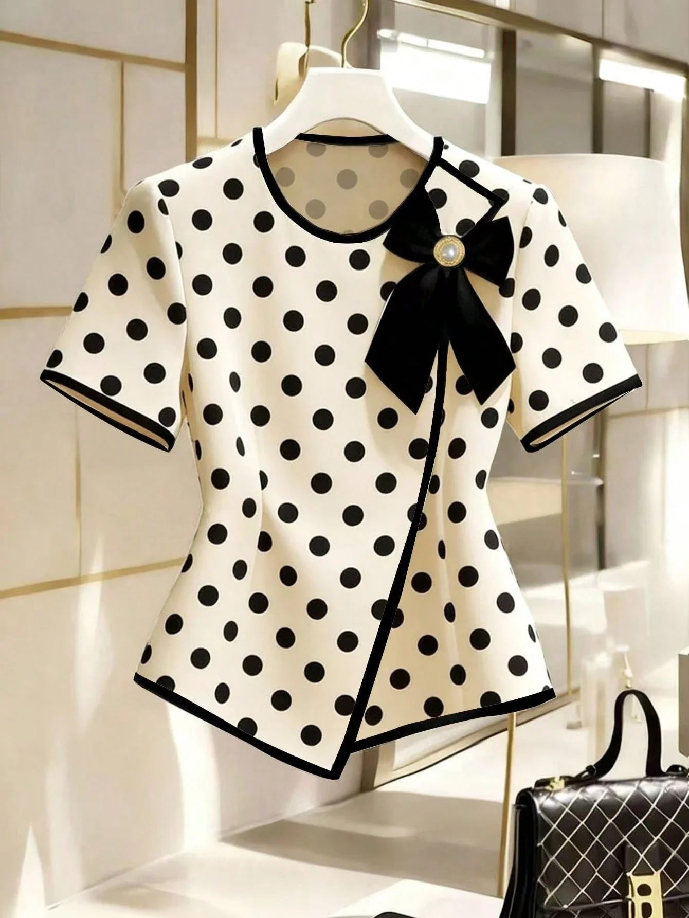Women's New Elegant Bow Collar Short Sleeve Blouse shein