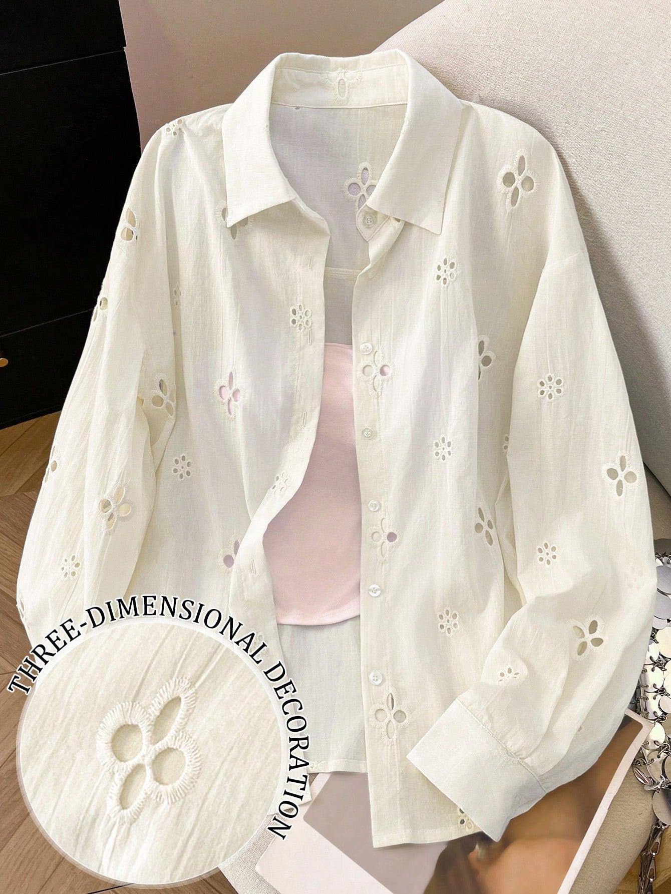 Women's Solid Color Minimalist Casual Hollow Long Sleeve Shirt shein