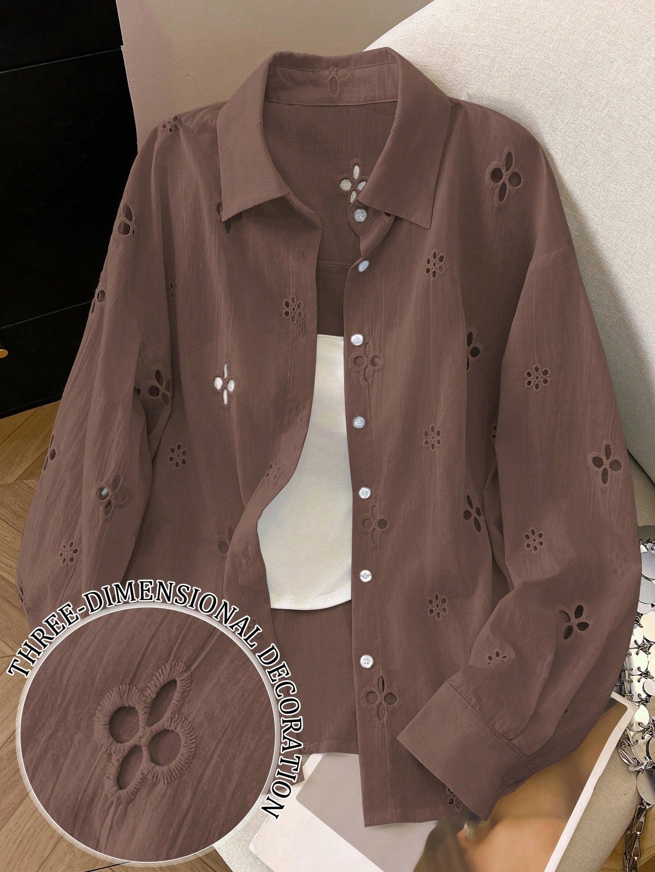 Women's Solid Color Minimalist Casual Hollow Long Sleeve Shirt shein