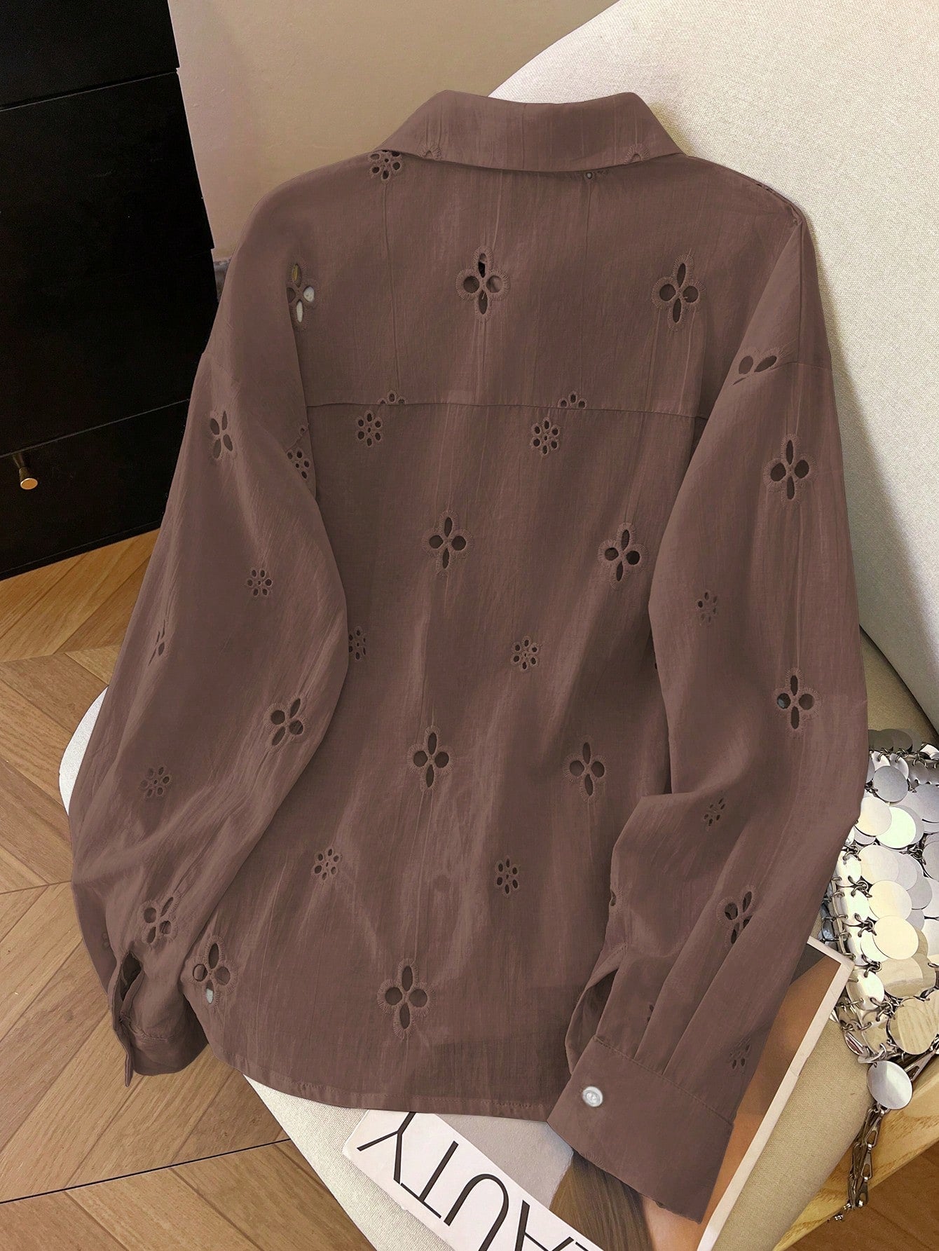 Women's Solid Color Minimalist Casual Hollow Long Sleeve Shirt shein