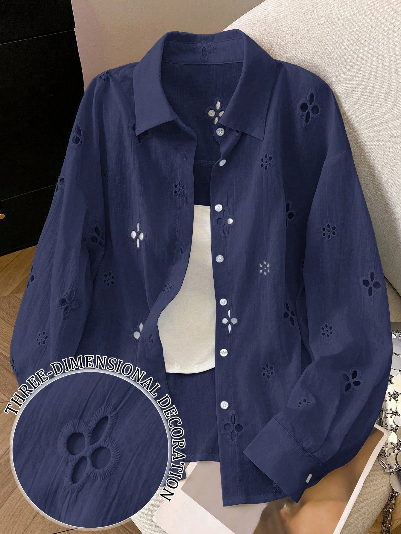 Women's Solid Color Minimalist Casual Hollow Long Sleeve Shirt shein
