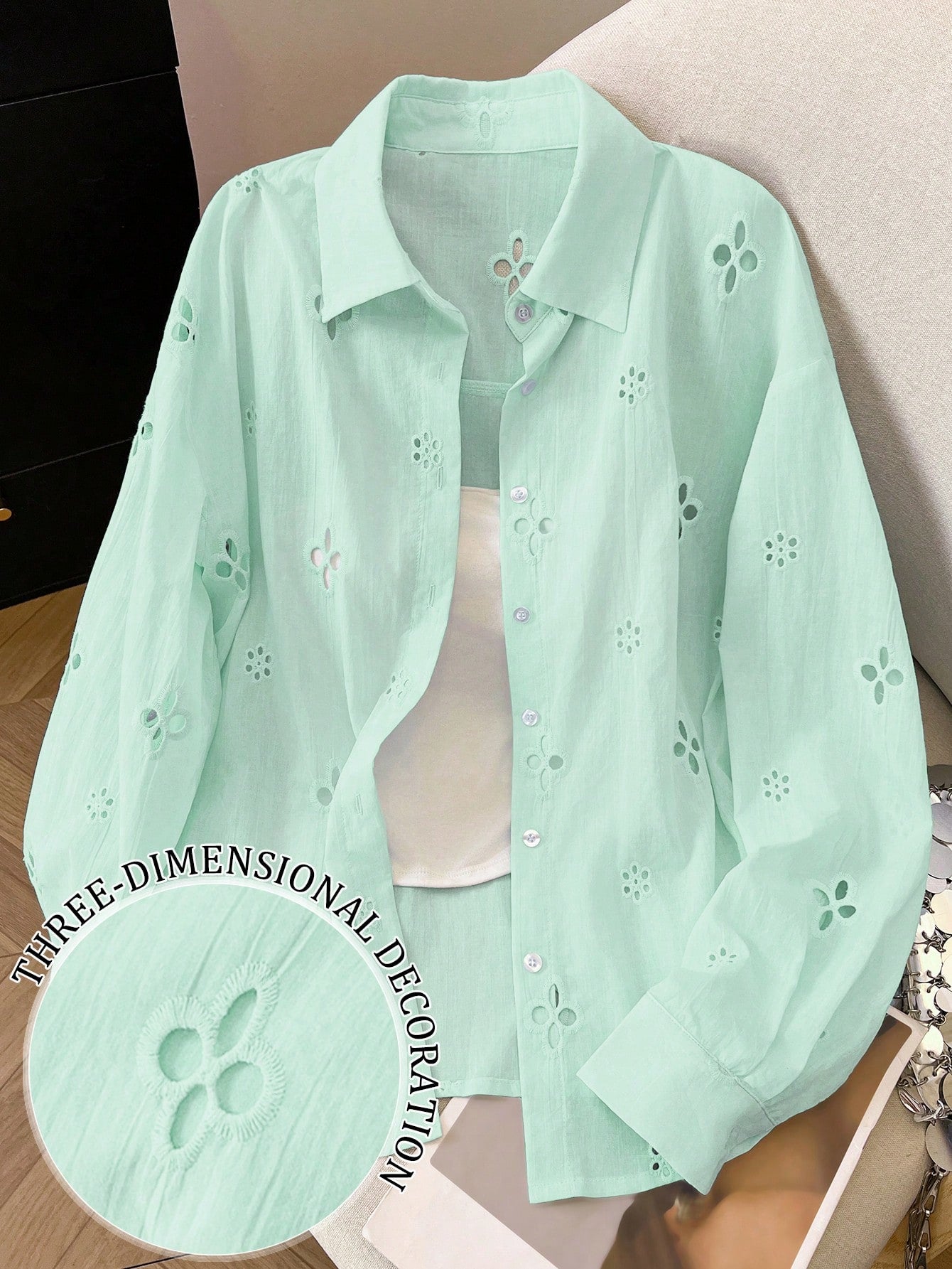 Women's Solid Color Minimalist Casual Hollow Long Sleeve Shirt shein